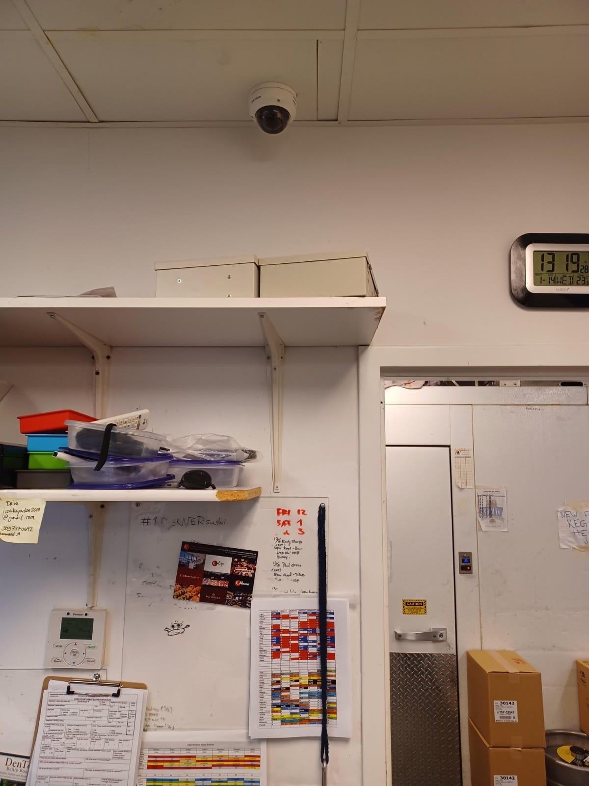 Discreet security camera installed above a restaurant management station and staff entrance